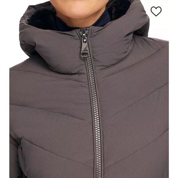 $420 Calvin Klein Stretch Fur Hooded Maxi Puffer Coat in Titanium, Small… - Picture 6 of 16